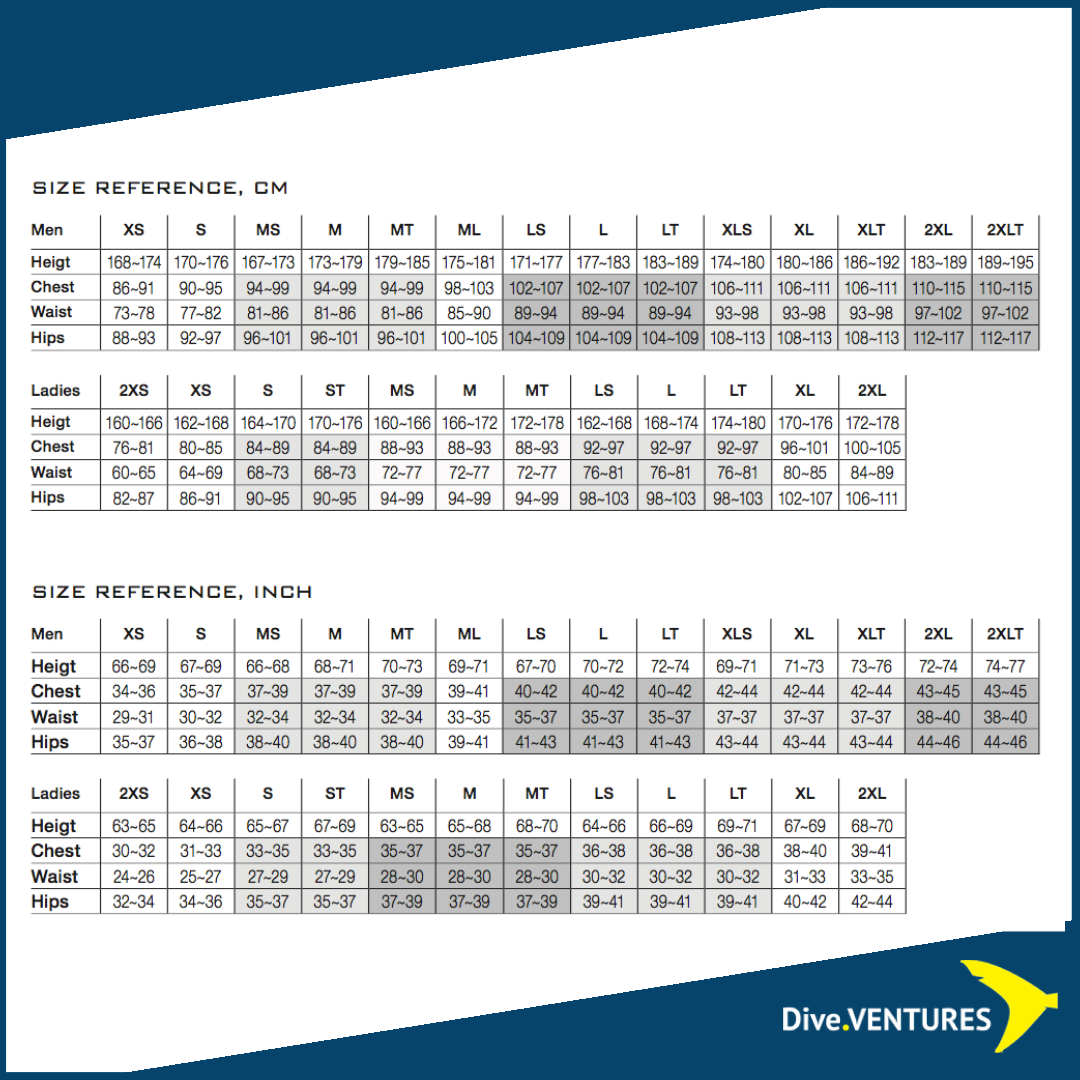 Poseidon Suit Size Chart | Dive.VENTURES